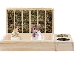 Hooivoederstation Huisdieren - Voederdispenser Hout - Voer Organiseren - 3-in-1 Multifunctioneel - 41x29x18 cm - Natuurlijk Hout