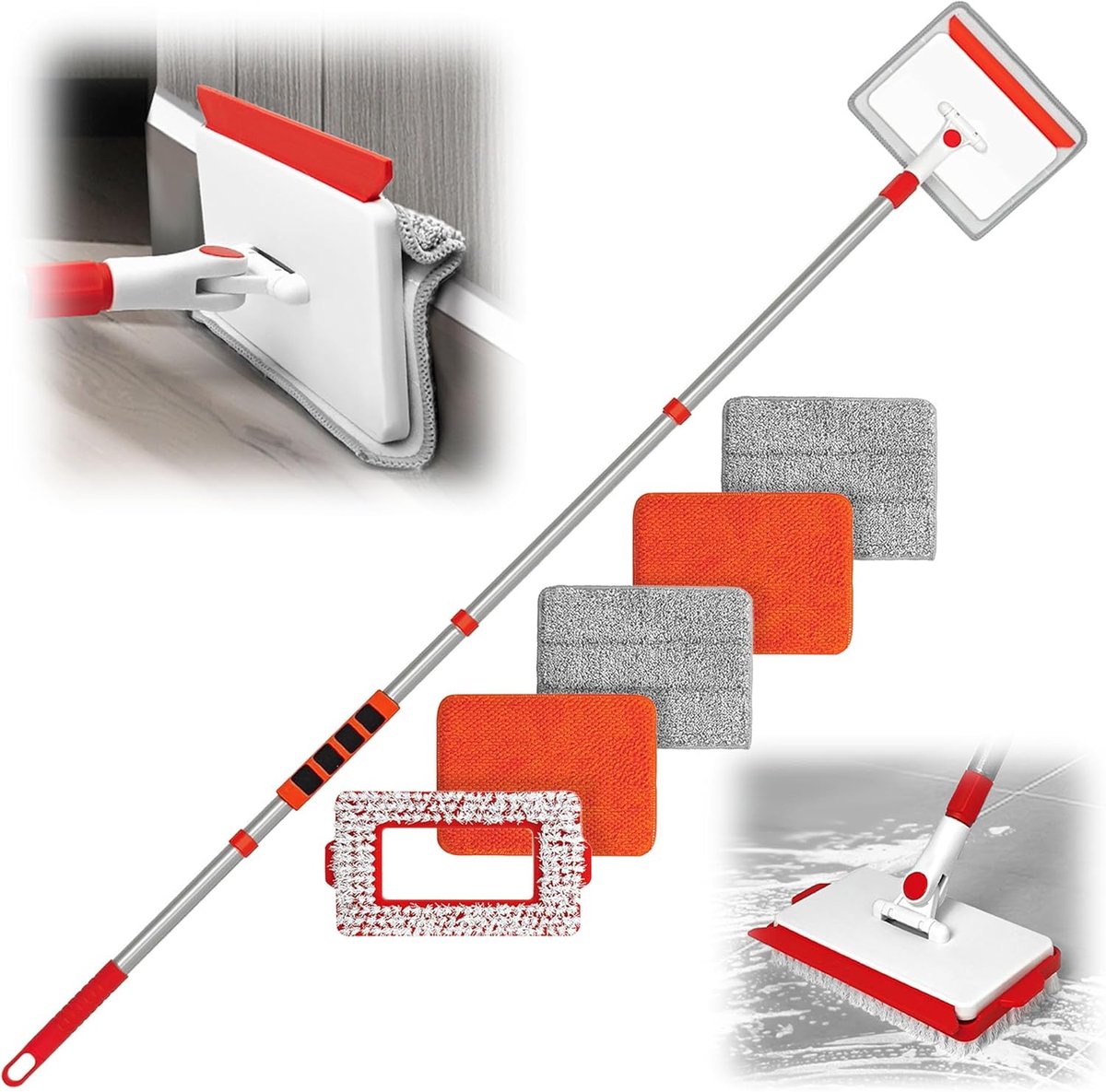 Wandreiniger Muur & Plint Cleaner Mop Tool met 4 Herbruikbare Pads – Rood