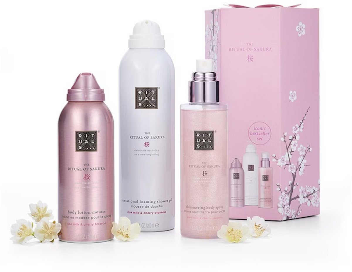 Rituals Geschenkset - 3 Producten - Douchegel 200 ml + Body Lotion Mousse 150 ml + Body Spray 150 ml - Ritual of Sakura - Cadeaus voor Vrouwen - Cadeaudoos - Geschenkdoos - Giftset Vrouw - Badschuim - Doucheschuim - Shower Gel - Bodylotion - Set