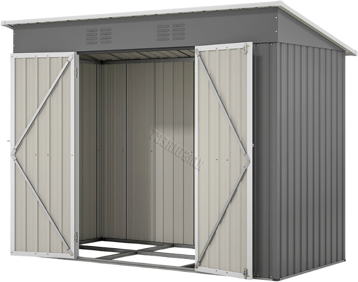 Metalen tuinschuur – Voor tuin – Inclusief metalen fundering (zonder vloer), weerbestendig – Grijs, Afmetingen 244×122 cm