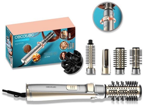 Cecotec stylingborstel 5in1 set met accessoires: borstel, diffusor, en meerdere opzetstukken. Goud en zilver.
