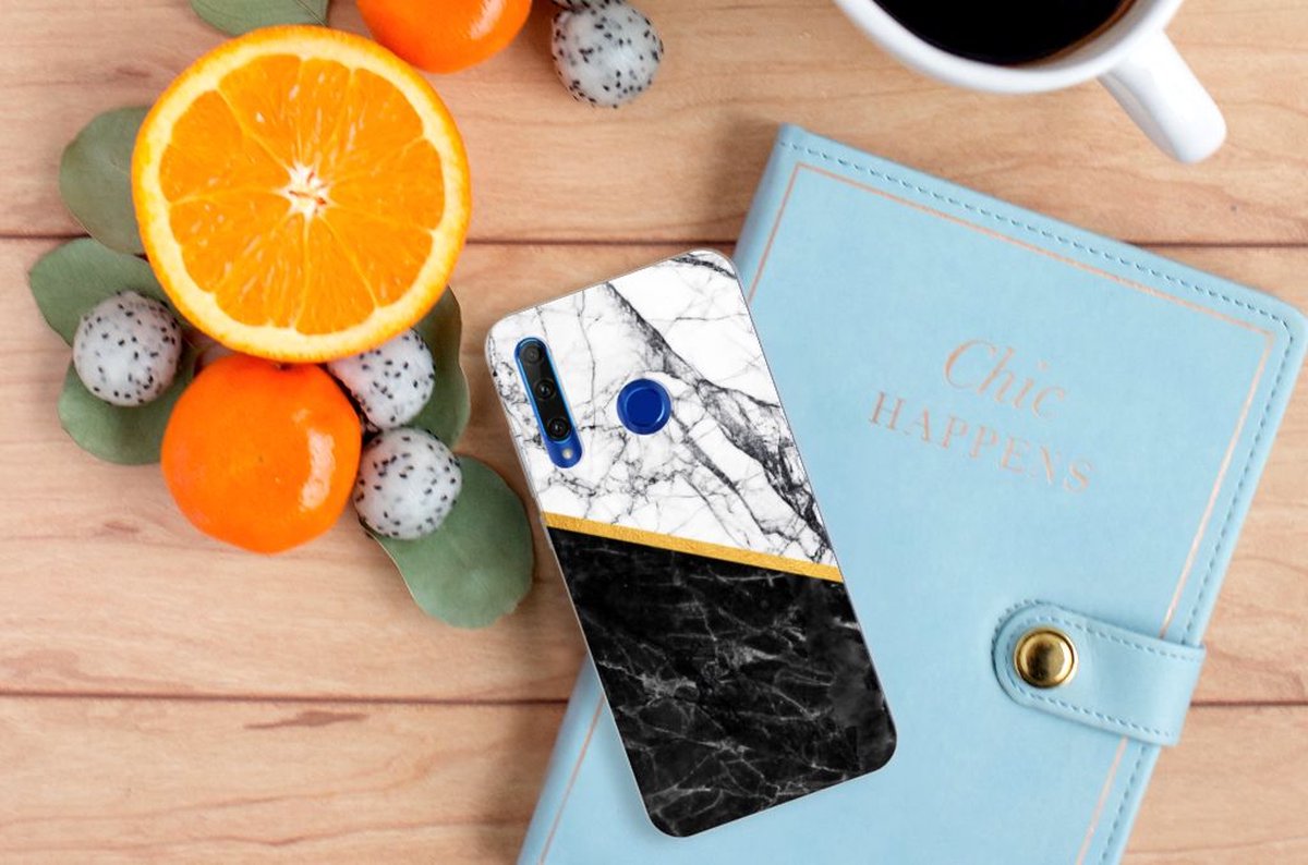 Honor 20 Lite TPU Siliconen Hoesje Marmer Wit Zwart - Origineel Cadeau Man