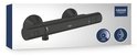 Zwarte thermostaatkraan in de verpakking. Met een cirkelvormige indicator voor 25% waterbesparing en "GROHE EcoButton".