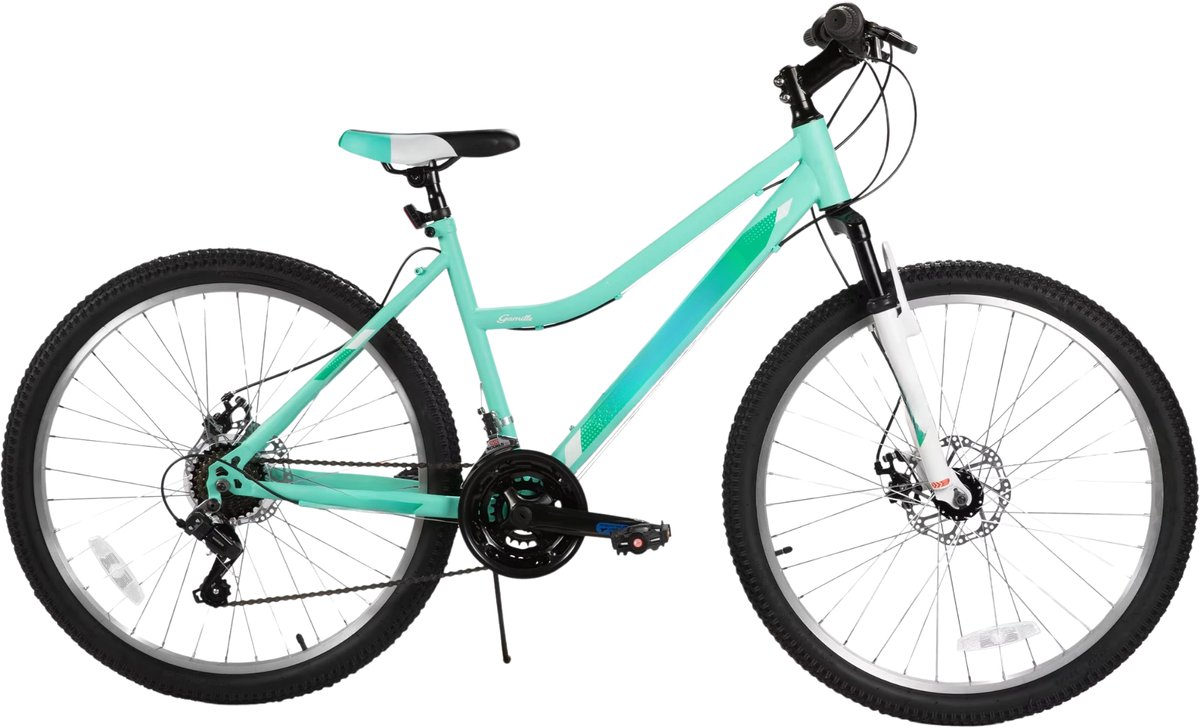Happiq Mountainbike – Voor dames – 18 versnellingen voorvorkvering dubbele mechanische schijfremmen – 66 cm wielen groen aluminium frame
