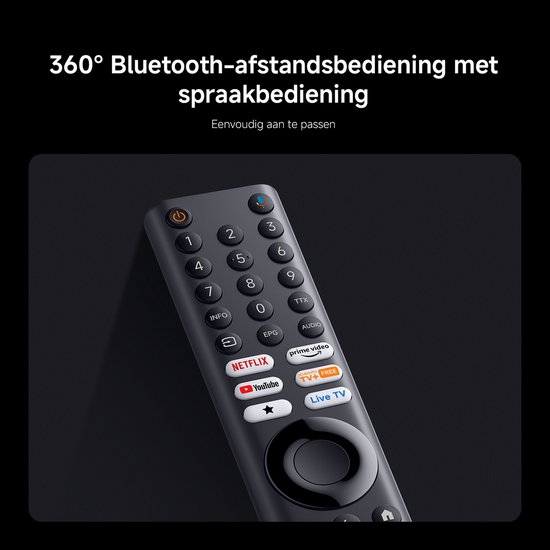 Zwarte afstandsbediening met numerieke toetsen, navigatieknoppen en sneltoetsen voor streamingdiensten.