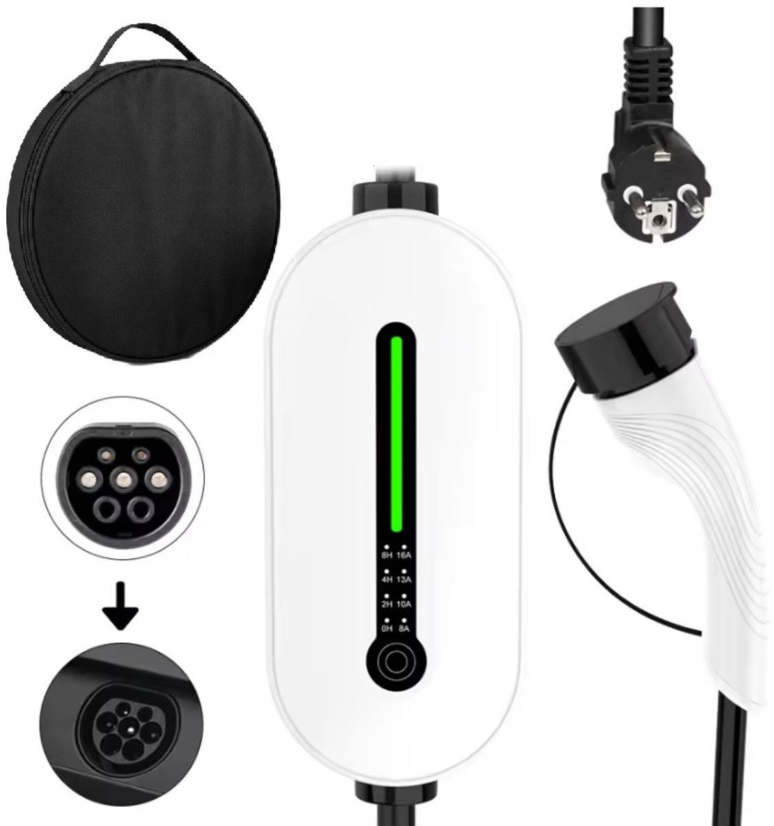 Mobiele Thuislader Type 2 vanaf stopcontact – 15 meter – 3,7 kW 16A – IP66 Waterdicht – Instelbare laadstroom – Schuko – Wit – Inclusief tas