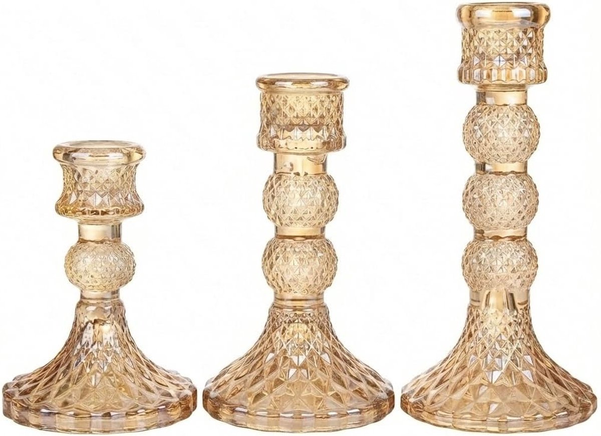 SnelShoppen - Set van 3 Amber Kandelaar Houder voor Stompkaarsen en Teelichtjes - Verschillende Hoogtes voor Trap en Tafel Decoratie - Elegante Glazen