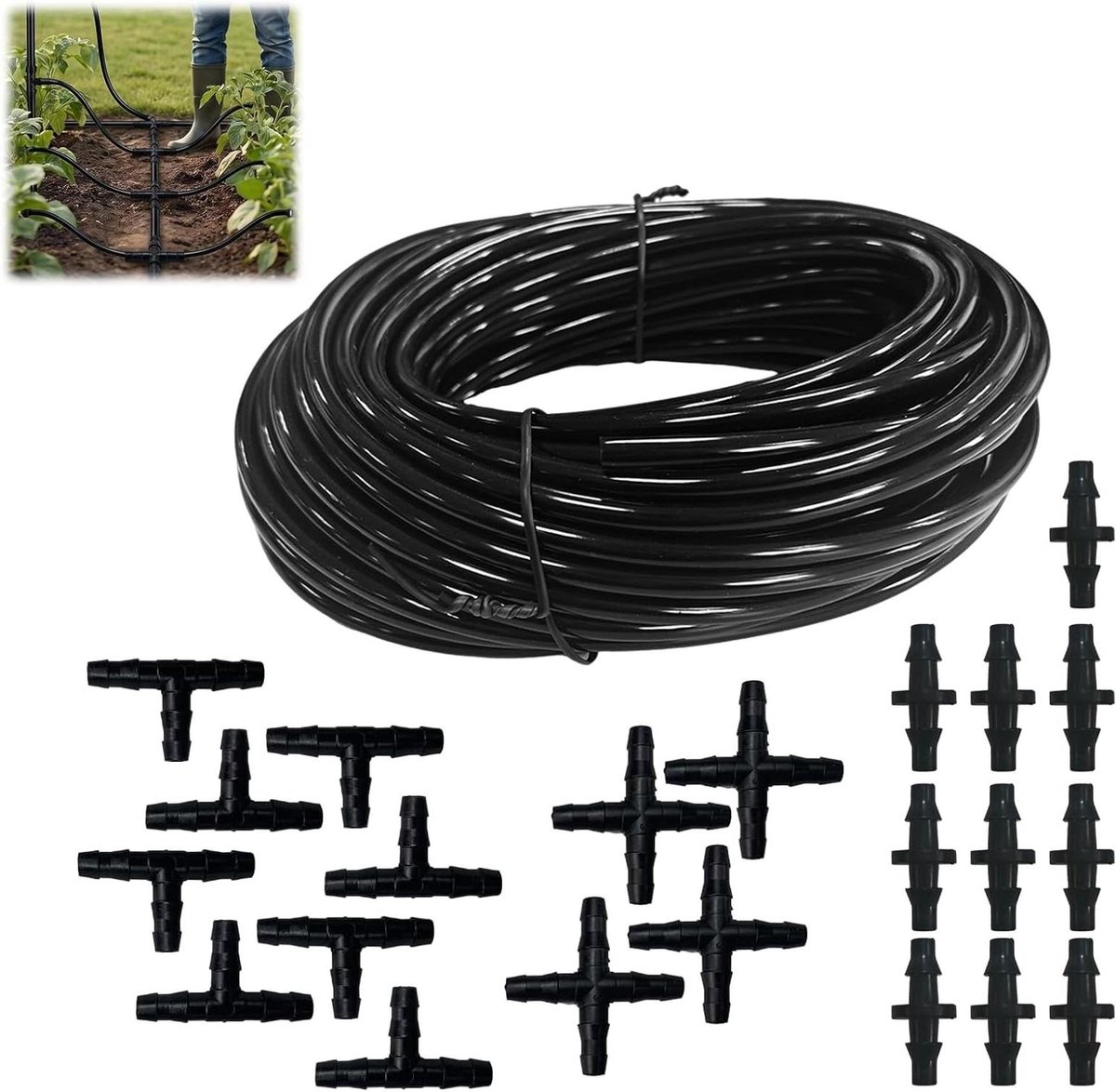 Tuinslang PVC - Flexibele slang - Tuin water geven - Inclusief 22 aansluitingen - 20 meter - Zwart