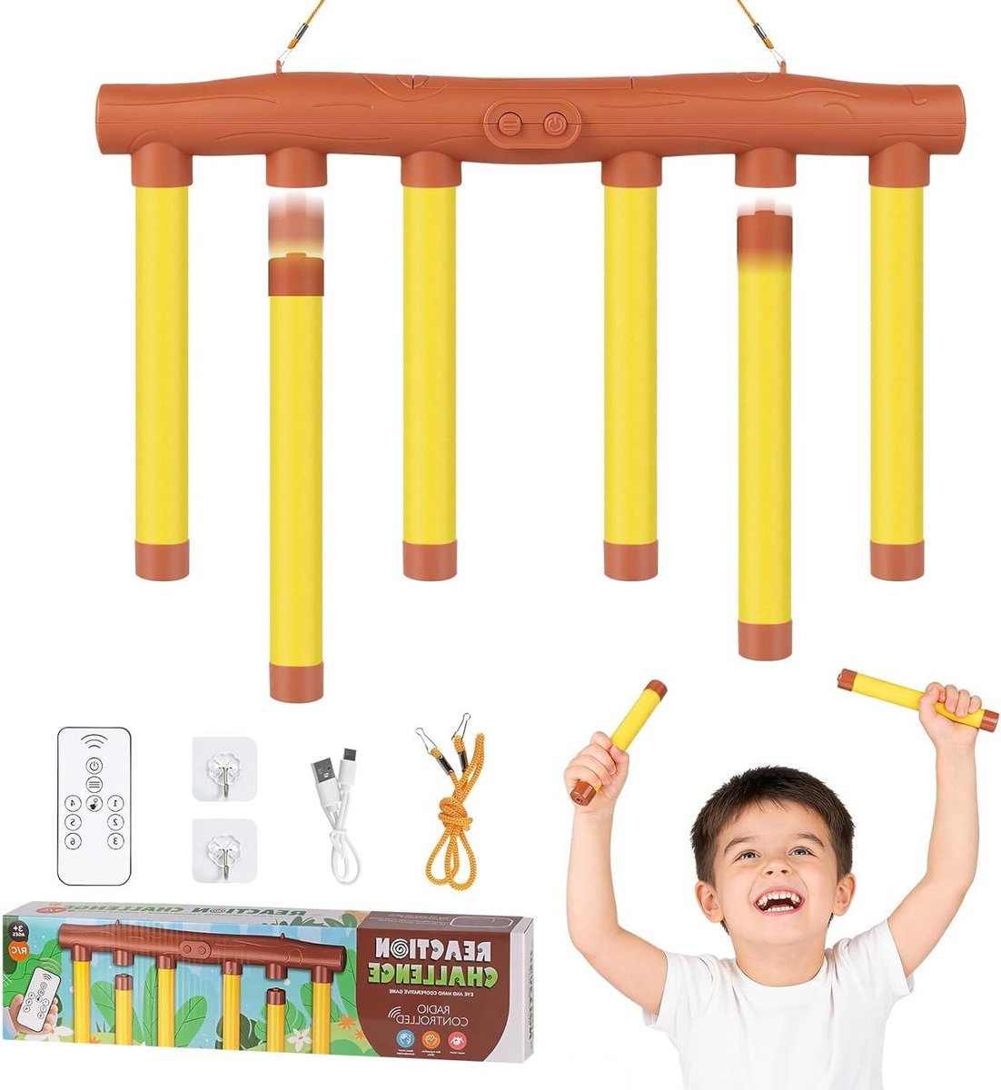 Valstokken spel - Reactiespel staafjes - Hand oog training - Drie snelheden - 20 x 20 x 5 cm - Geel