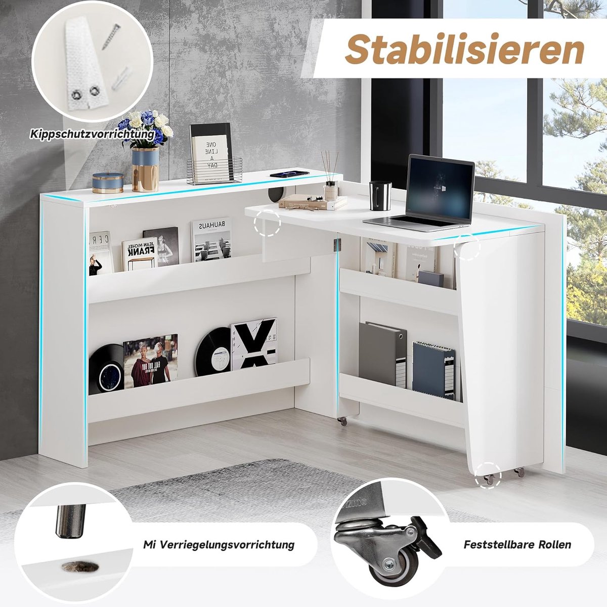 Aafinity Opklapbaar Bureau Met Wielen En Draadloze Oplader – Wit Dressoir – Dressoirkasten – Kastorganizer – 2-in-1 Tafelblad 115×27×93 Cm — cadeau in Cadeau-ideeën - foto 2