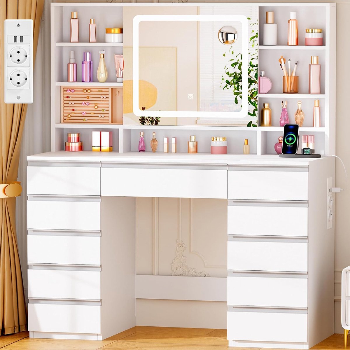 Kaptafel met Verlichting - Make-up tafel - Persoonlijke Verzorging - Geïntegreerde Stopcontacten - 110 x 40 x 140 cm - Wit