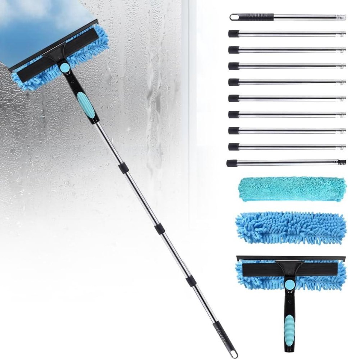 Telescopische Raamwisser - Raamtrekker met steel - Ramen Schoonmaken - 2-in-1 Microvezel en Rubber - 4.5 meter - Blauw