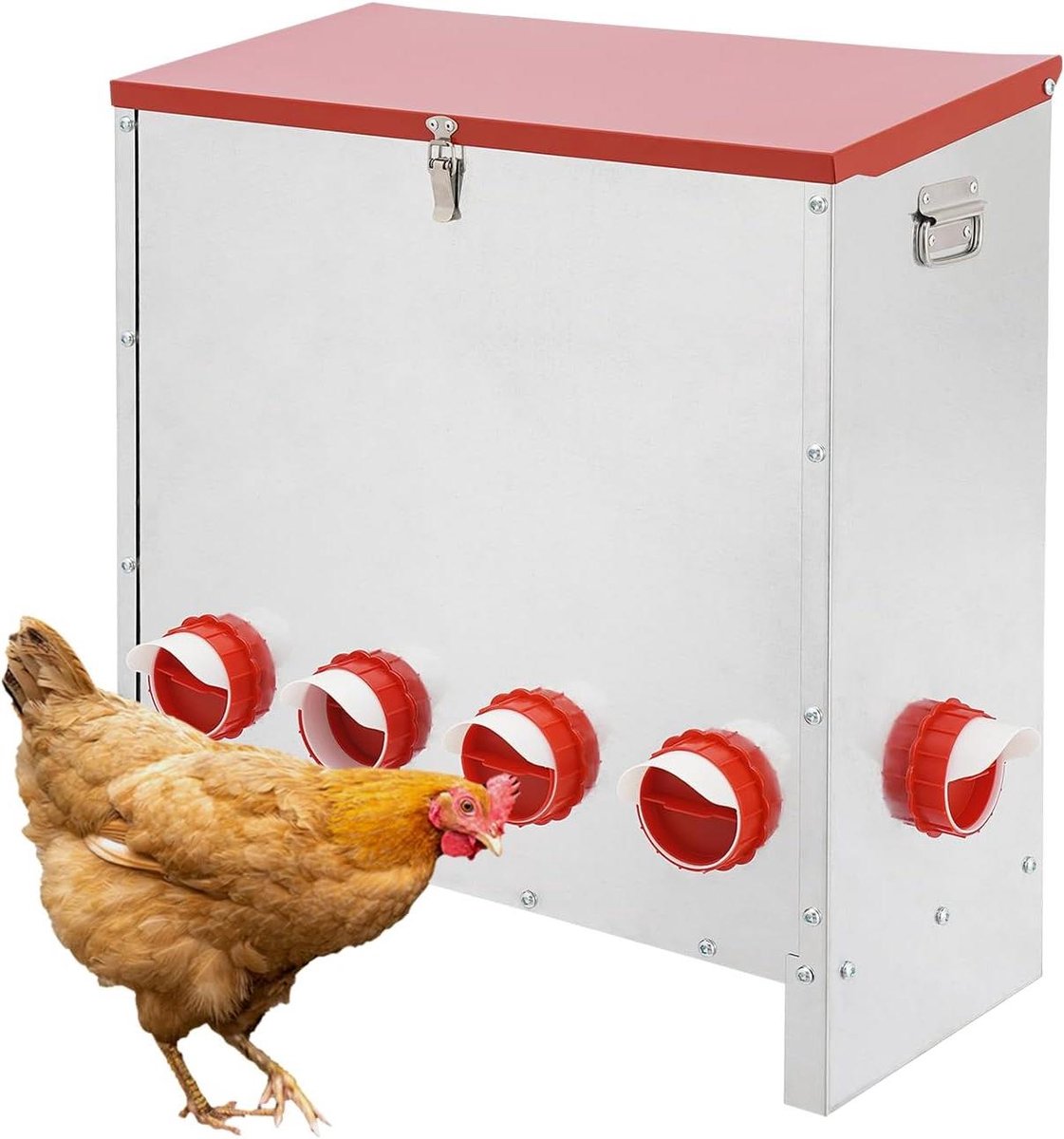 Voer Dispenser - Kippen Voerbak - Dieren Voeren - Grote Capaciteit - 30 kg - Wit Rood