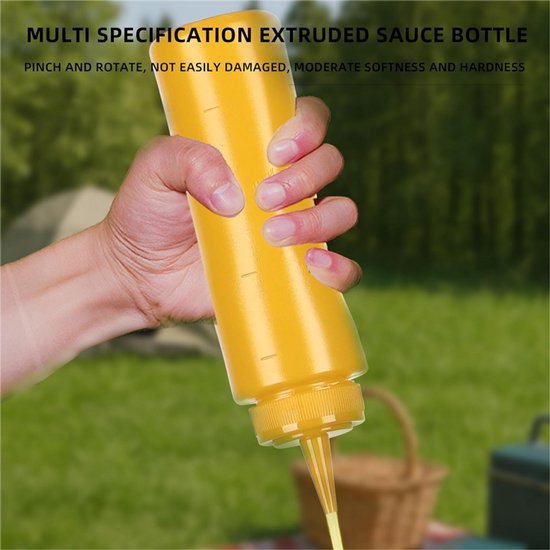 Set van 6 - Specerijenflessen - Sausflessen - Knijpflessen - Kruidenflessen voor keuken en catering - Met draaibare dop - BPA-vrij plastic - Lekvrij - Geschikt voor mosterd, siropen, sauzen, saladedressings, oliën en ketchup - 250 ml - Geel — afbeelding 4