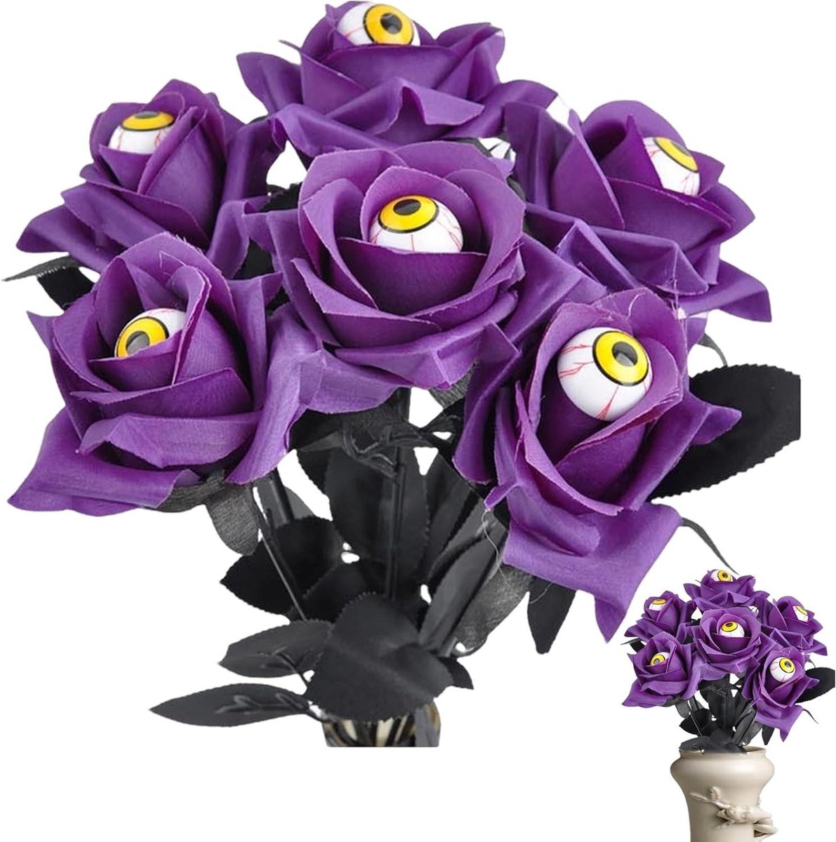 Gothic Rozenboeket - Kunstarrangement Oogbollen - Halloween Decoratie - Buigbaar en Duurzaam - 10.4 x 11.6 x 10.4 cm - Lila