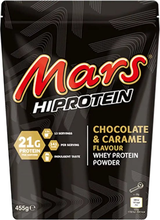 Zwarte Mars HiProtein "Chocolate & Caramel" 455g whey protein poederzak met rode en witte letters, met 21g proteïne per portie.