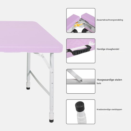125 cm Robuuste Klaptafel (met draaggreep) - In hoogte verstelbaar (58–74 cm) - Draagbare klaptafel - Ideaal voor kamperen, picknicks en binnen-/buitengebruik - 135 kg draagvermogen - Paars — afbeelding 2