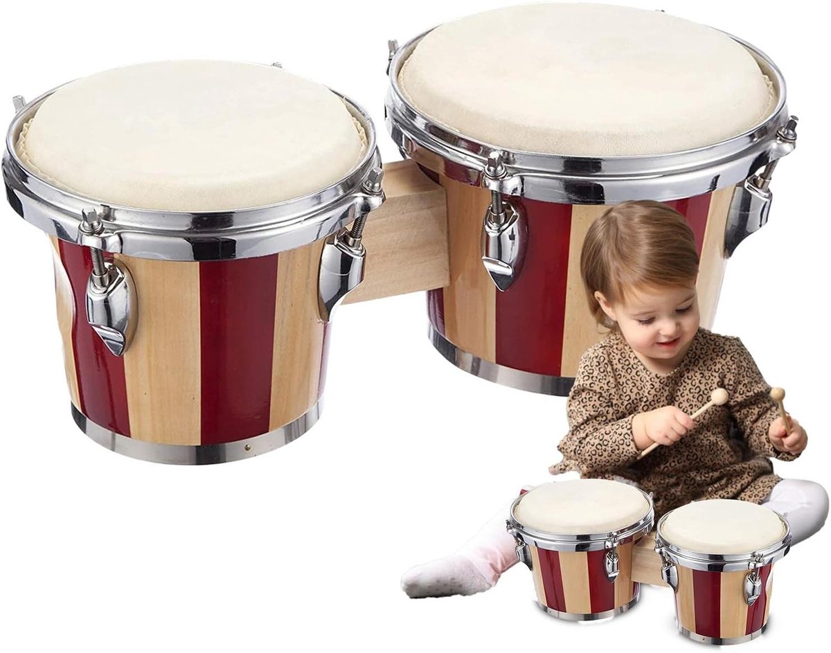 Bongo Trommel - Hand Trommel - Muziek Maken - Mahoniehout Constructie - 15 cm - Rood Wit