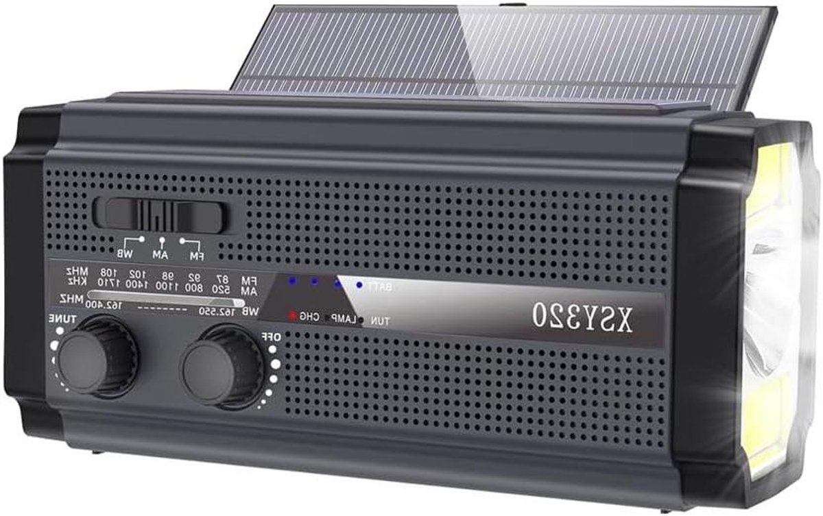 Noodweer Radio - Draagbare Radio - Veilig Thuis - Dubbele Zonnepanelen - 20 x 11 x 7 cm - Grijs-zwart