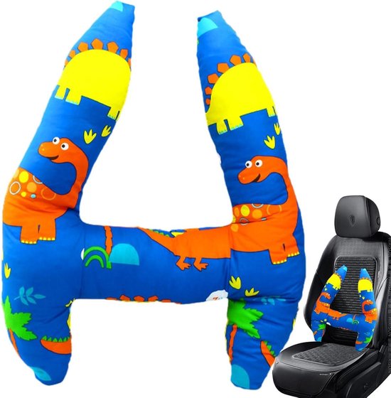 Autokussen Kinderen - Hoofdsteun Kussen - Comfortabel Reizen - H-vorm Ontwerp - Middelgroot - Blauwe Dinosaurus