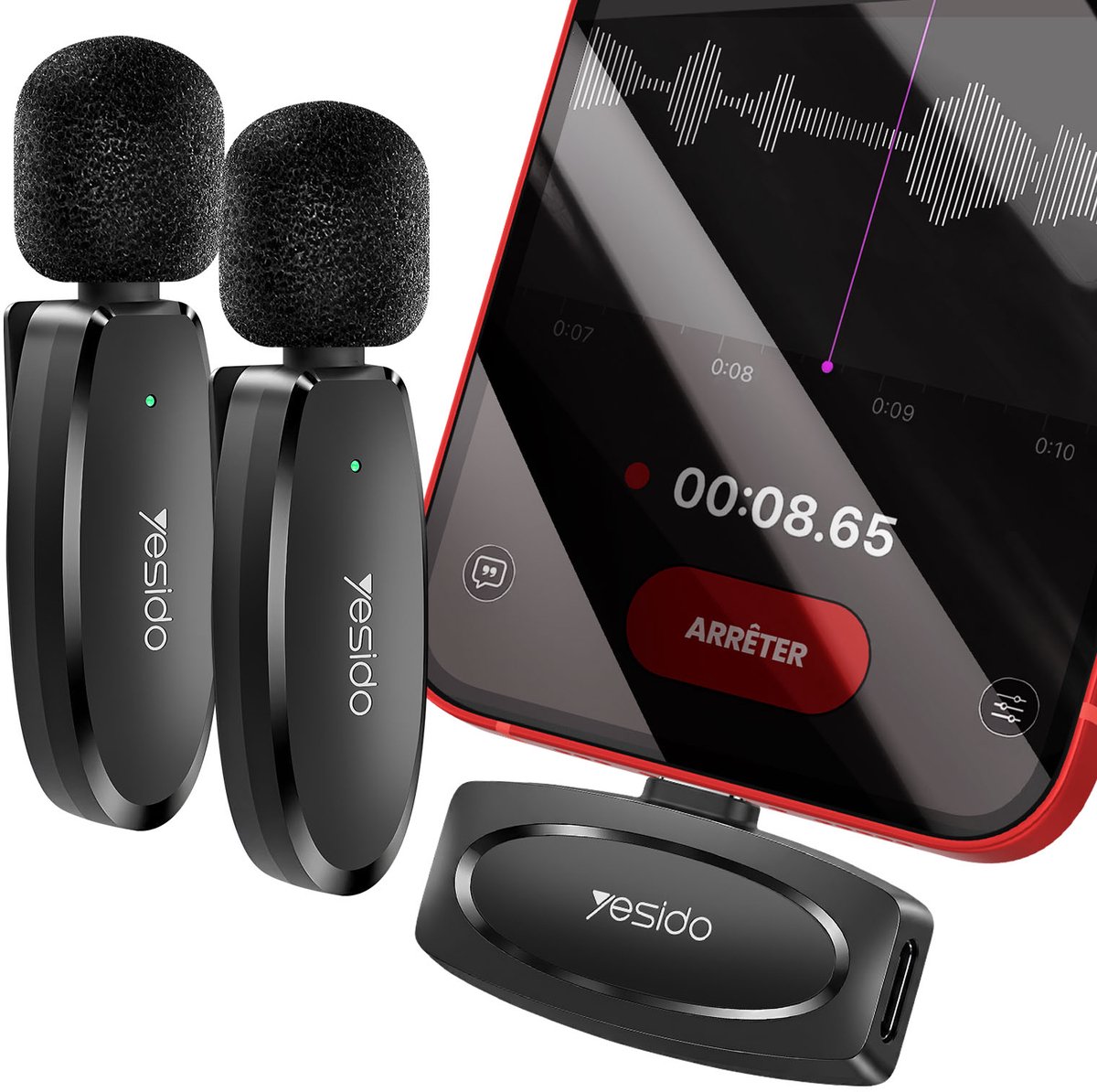 Yesido, Double Micro Sans Fil Lightning avec Réduction Bruit IA Autonomie 7h Portée 20m, Zwart