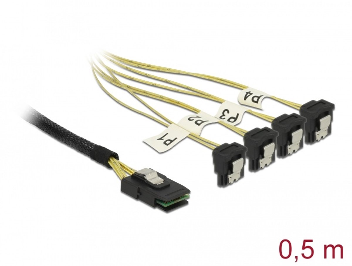 Kabel Mini SAS SFF-8087> 4 X SATA 7 PIN GEKLAAGEN 0,5 M