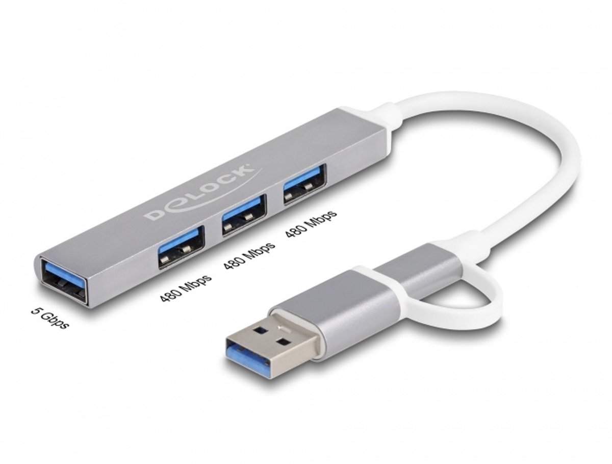 DeLOCK 64214 interface hub USB 3.2 Gen 1 (3.1 Gen 1) Type-A + Type-C 5000 Mbit/s Zilver