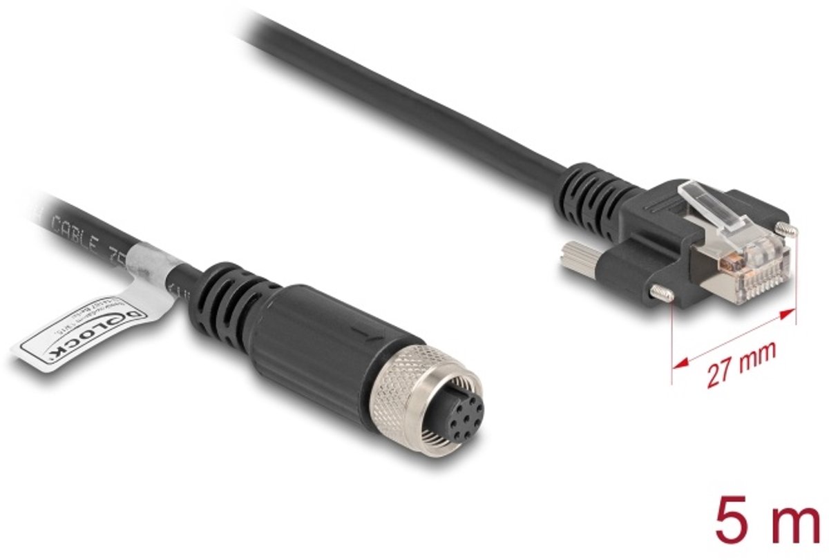 Delock M12 Cable A-coded 8 pin female to RJ45 plug with screws Cat.5e FTP 5 m black