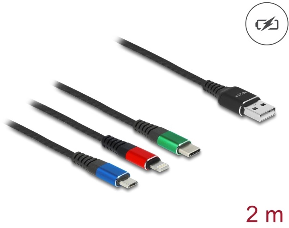 Delock 3-in-1 USB oplaadkabel USB-A naar Micro-USB / Lightning / USB-C 2 m