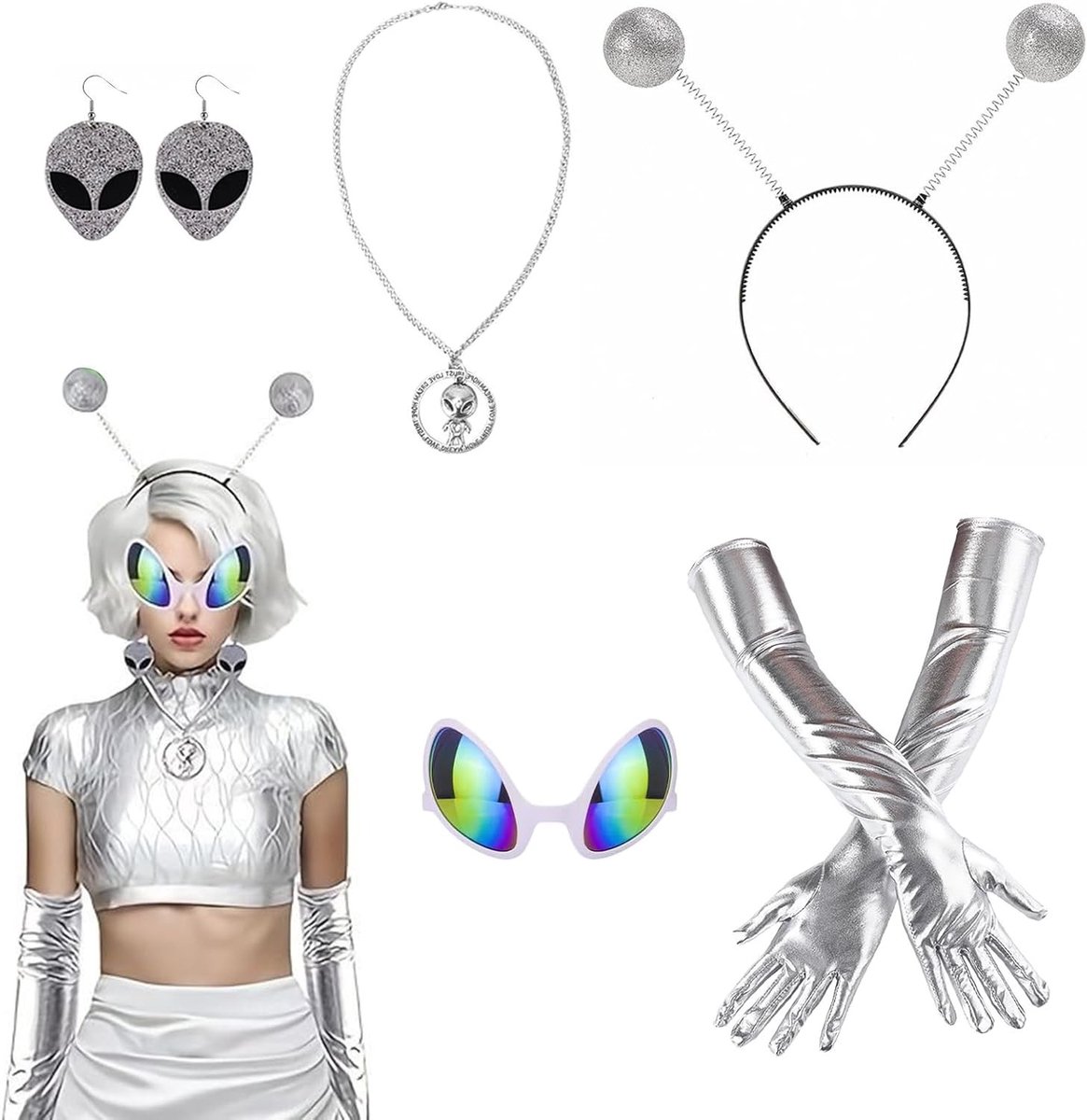 Complete Alien Kostuum Set met Oorbellen, Bril, Handschoenen, Ketting en Hoofdband voor Halloween en Themafeesten
