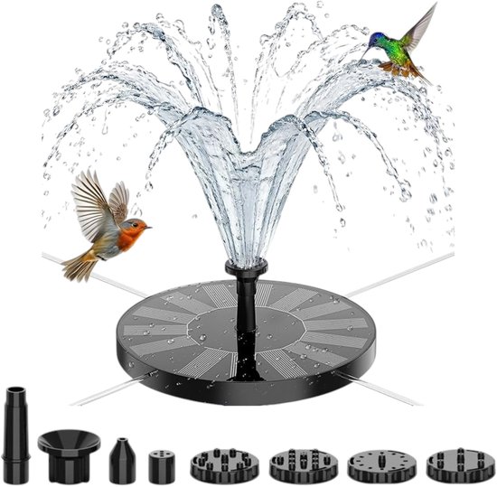 Zwarte ronde zonnefontein sproeit water met vier kolibries en twee vogels rondom.