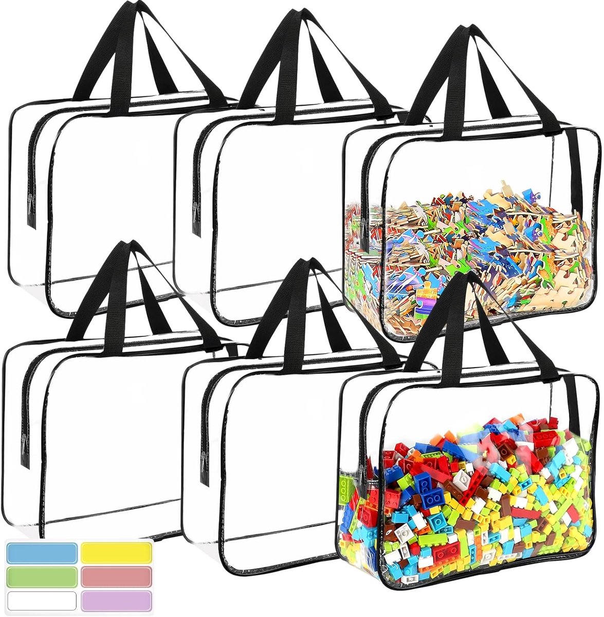 OLOEY 6 pakket grote speelgoed opvangtas - met etiketten - herbruikbare transparante PVC bordspel opslag - reizen waterdichte opvangtas met rits - plaatsbare blokken - puzzels - kinderboeken