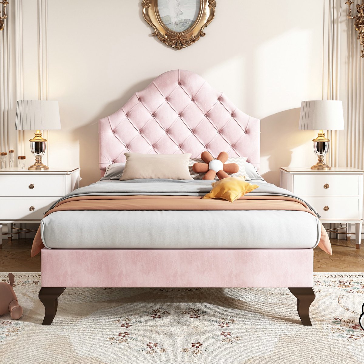 VVBV Gestoffeerd Eenpersoonsbed 90x200 cm - Lattenbodem, Voor Kinderen/Tieners, Houten Lattenbodem - Hout/Fluweel Roze