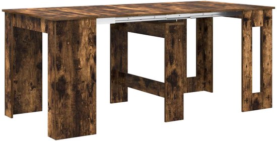 Tafel in gerookt eiken met uitschuifbare middenstukken, zijaanzicht.