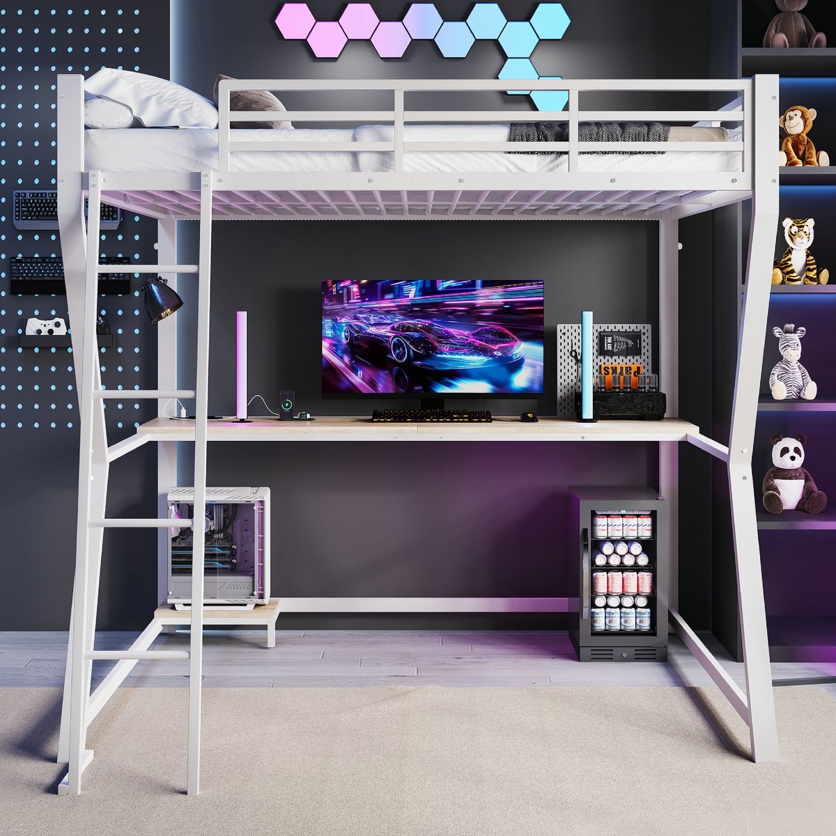 VVBV Hoogslaper 140x200 met bureau / Hoogslaper met bureau – met Trap, Opbergrekken, LED-Verlichting, USB – Metaal – Wit – Zonder Matras