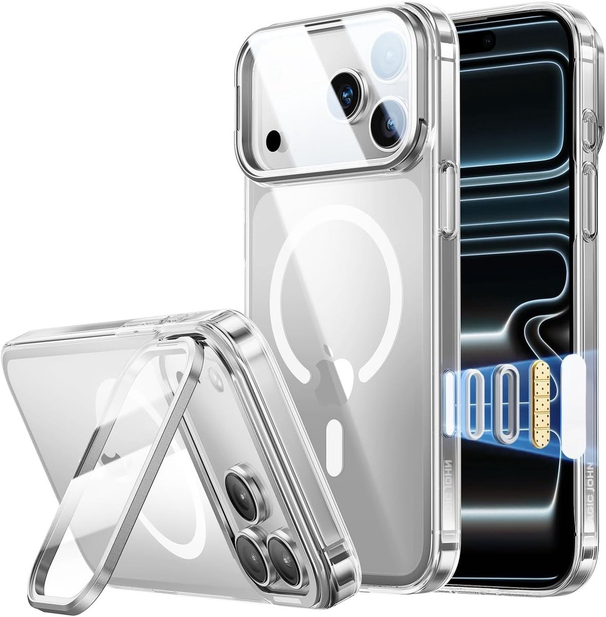 Magnetische iPhone 17 Pro Max Hoes met Volledige Camera Bescherming, 180° Vouwstand, Stof- en Valbescherming, Camera Bediening en Altijd Helder Design