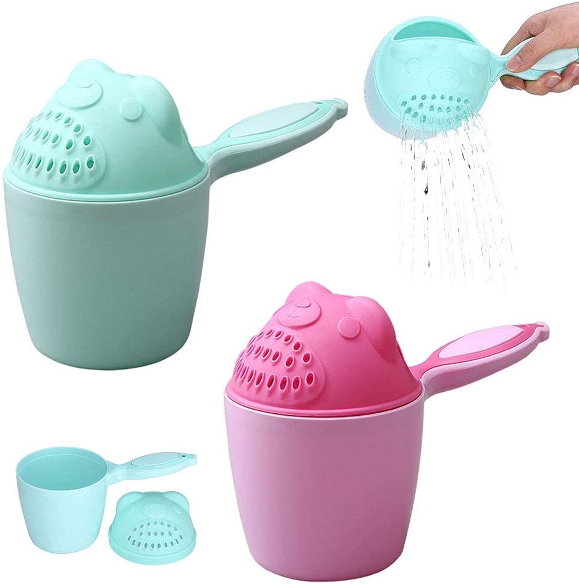 Allecto - Haarwasbekers voor kinderen - Draagbaar en praktisch - Groen en roze - Spoelbekers voor peuters - Veilig oogspoelen tijdens het baden - G...