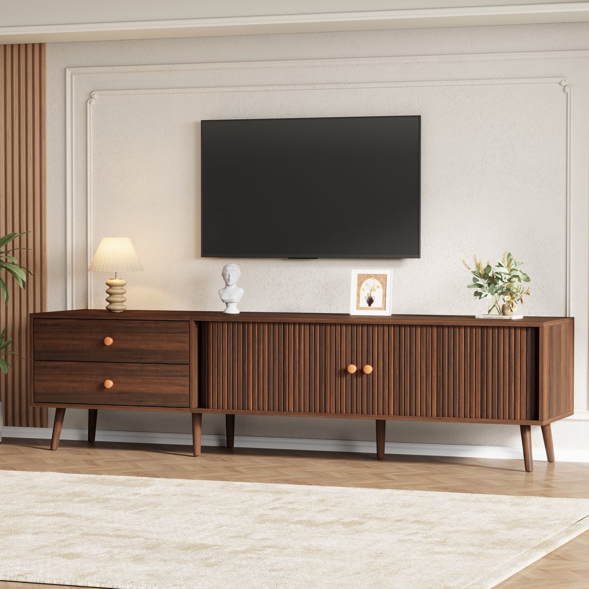 TV-Meubel - 180x40x46,5 cm - Met 2 Lades En Rolluiken - Voor 80 Inch TV - Hout - Walnoot