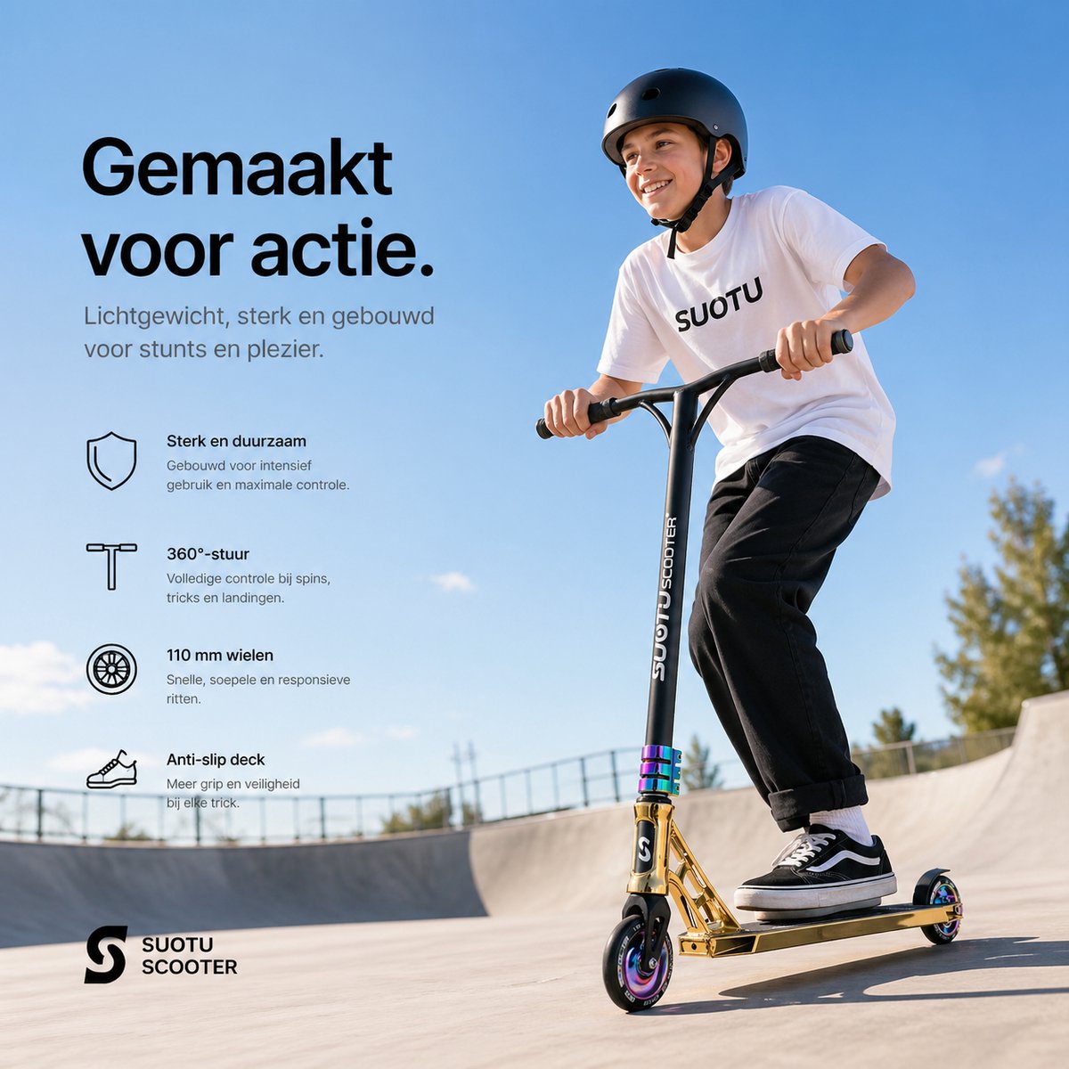 Suotu Stuntstep Professioneel - Step - 110mm - Speelgoed Jongens/Meisjes - Kinderstep - ABEC-9 - 100KG - Aluminium - Zwart/Brons/NEO — afbeelding 2