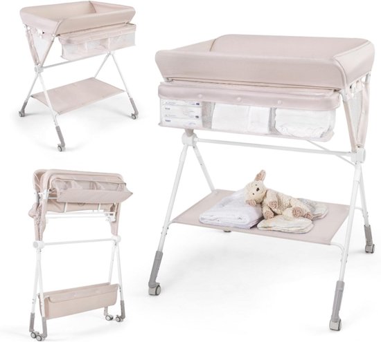 Verschoontafel Baby Opvouwbaar - Rugvriendelijk In Hoogte Verstelbaar - Met Wielen & Opbergruimte - Waterdicht Aankleedkussen - Multifunctioneel Baby Bad & Verzorging - Luiertafel Inklapbaar