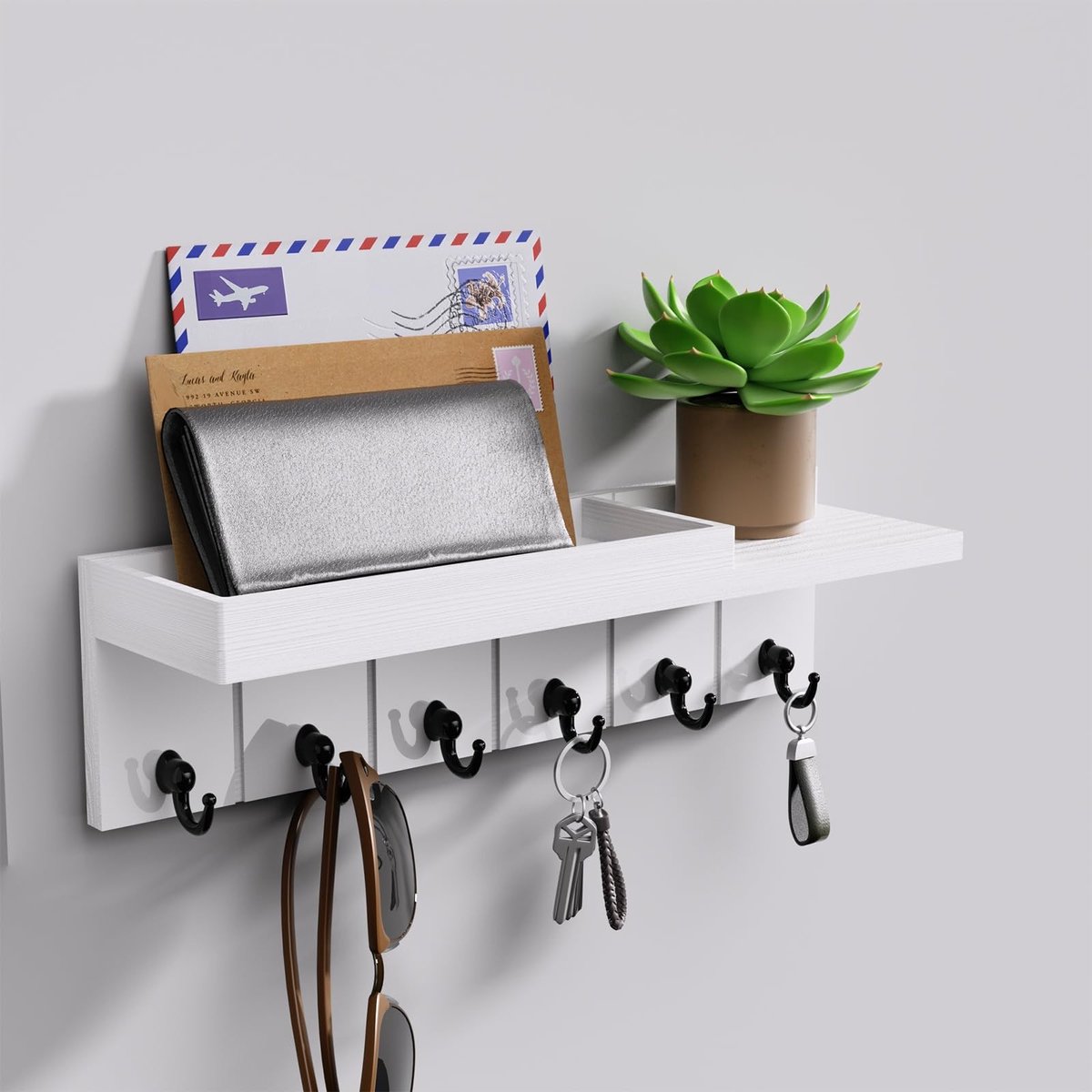 Allecto - Sleutelhouder muurbevestigd - Houten sleutelhaken met opbergplank - Wit - Ideaal voor entree - Sleutelrek voor post en telefoon - Geschik...
