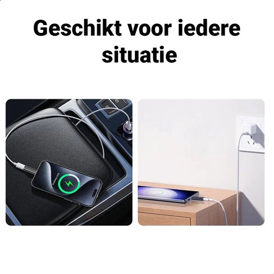 Adapter in auto en thuis om telefoon op te laden. "Geschikt voor iedere situatie".