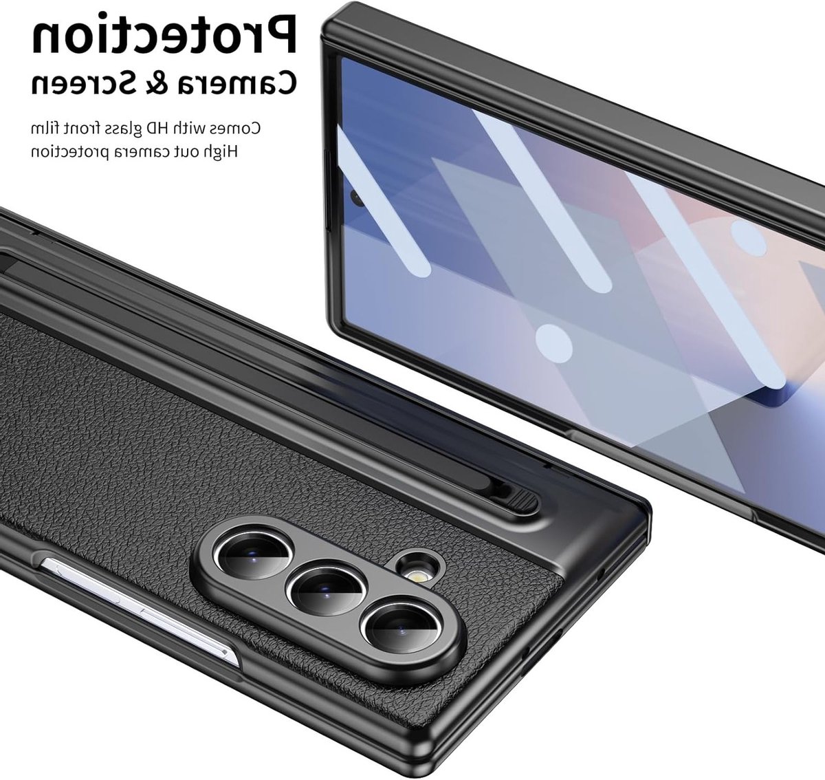 Beschermhoes voor Galaxy Z Fold 7 met ingebouwde schermbescherming, inclusief screen protector, vervangbare S Pen stylus en penhouder - Zwart