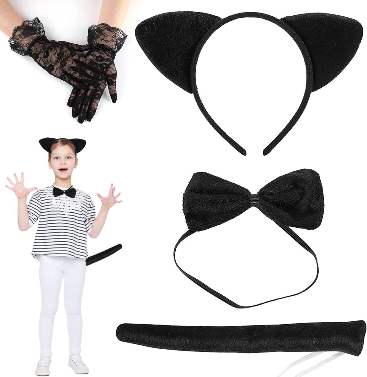 Cat Ears Haarband Set voor Dames - 4-delige Kostuumset met Strik en Staart voor Carnaval en Cosplay