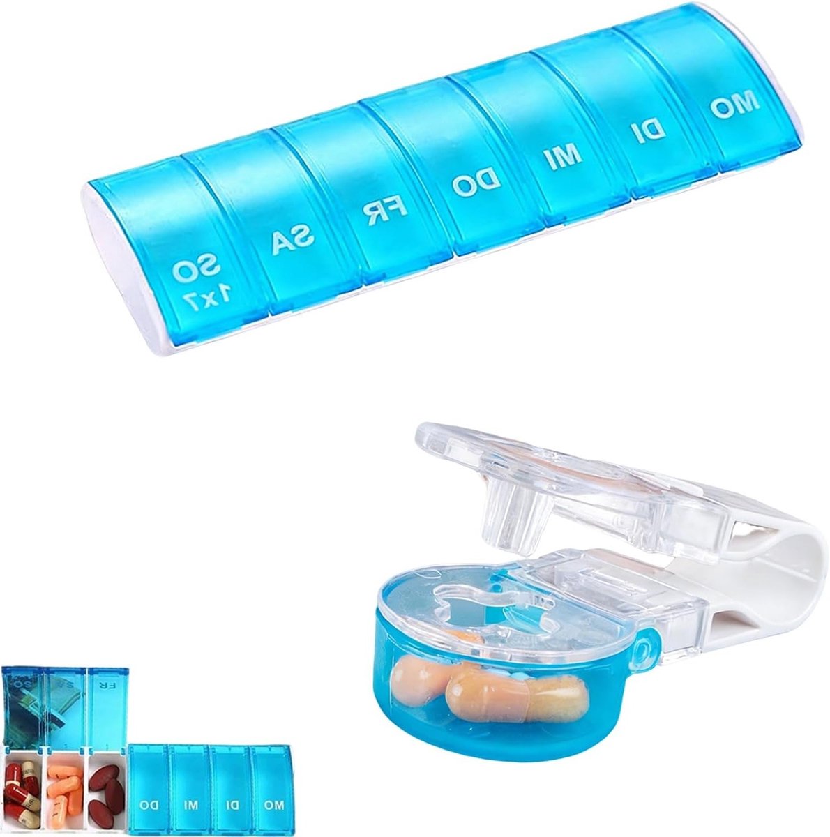 Tabletop pillenopener en pillendoosje, blauw, draagbare tablet expressor, tabletseparator en medicijnopener voor eenvoudig gebruik