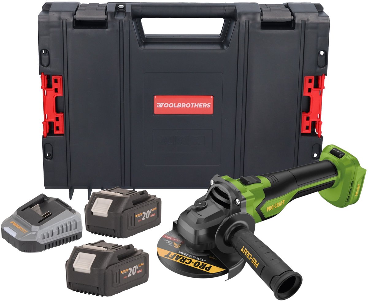 Procraft PGA22-BB accu haakse slijper 20 V 125 mm borstelloos + 2x accu 4,0 Ah + oplader + RHINO gereedschapskoffer