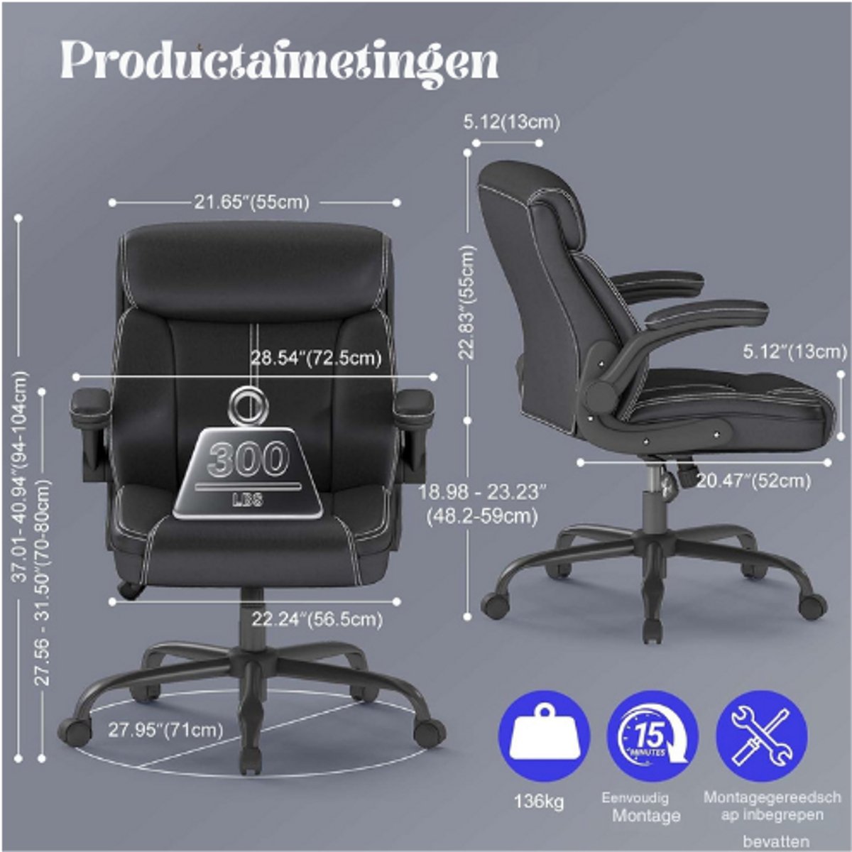 ANYGOD Ergonomische Directeursstoel Van Kunstleer - In Hoogte Verstelbare Bureaustoel - Opklapbare Armleuningen - 360° Draaistoel - Belastbaar Tot 136 Kg - Comfortabele Stoel Voor Thuiswerken En Kantoor - Zwart thumbnail 5