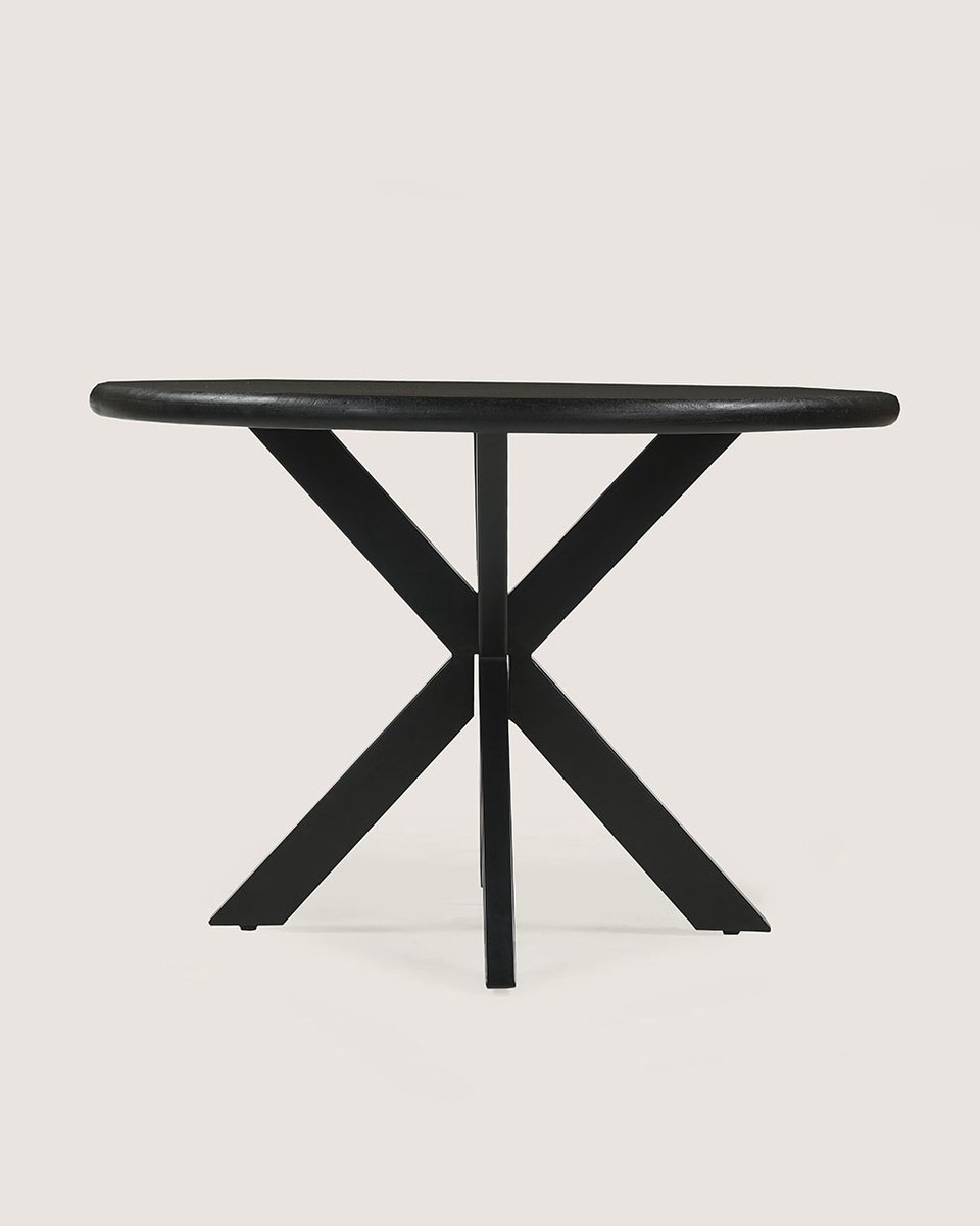 Ronde Eettafel 150 cm Mangohout – Zwart – Zwart Metalen Matrix Onderstel – Landelijk – 6-7 Personen