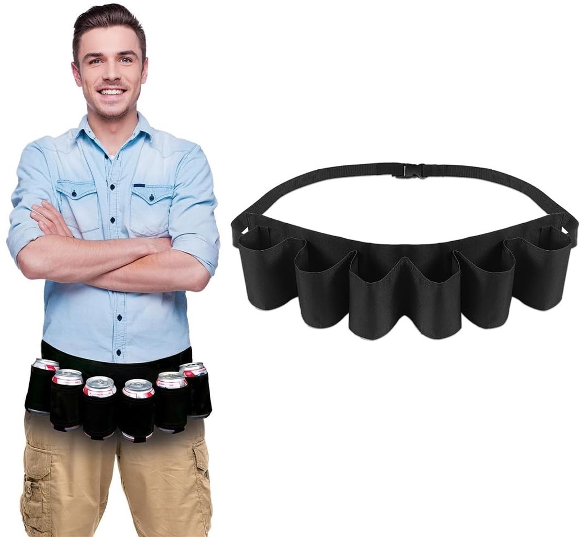 Allecto - Beer Belt - Drankhouder - Ideaal voor buitenactiviteiten - Zwart - Handig voor feestjes - Houdt 6 blikjes vast - Geschikt voor camping en...