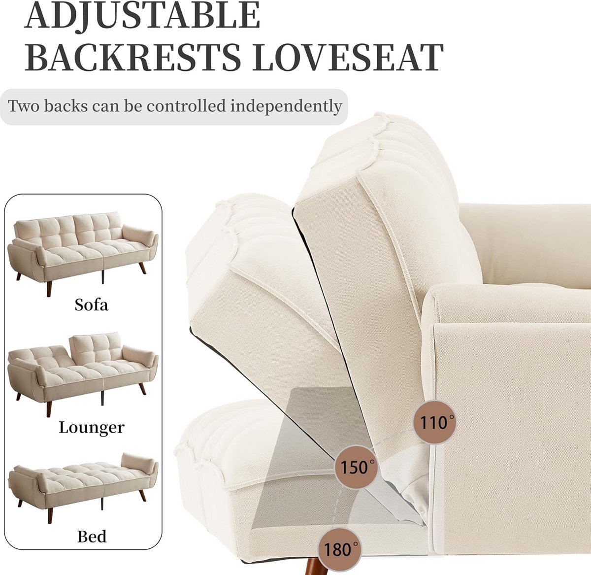 Slaapbank 3-zits Convertible Beige 191 x 79 x 83 cm – Verstelbare Rugleuning – Moderne Sofa Bed voor Woonkamer, Studio & Logeerkamer – Inclusief Futonfunctie – Beige – HomebyNicole